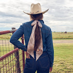 Fringe Scarves Boli Gettin Western Tan Blue Plaid three and a half inch by 70 inch length made for dramatic styling rodeo