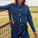 Fringe Scarves Boli Preppy Buck Navy Light Blue navy ground with a light blue bucking horse print womens western boutique Utah SKU BOLIPRBKNVLB26100