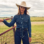 Fringe Scarves Boli Preppy Buck Navy Light Blue three and a half inch by 70 inch length made for dramatic styling rodeo