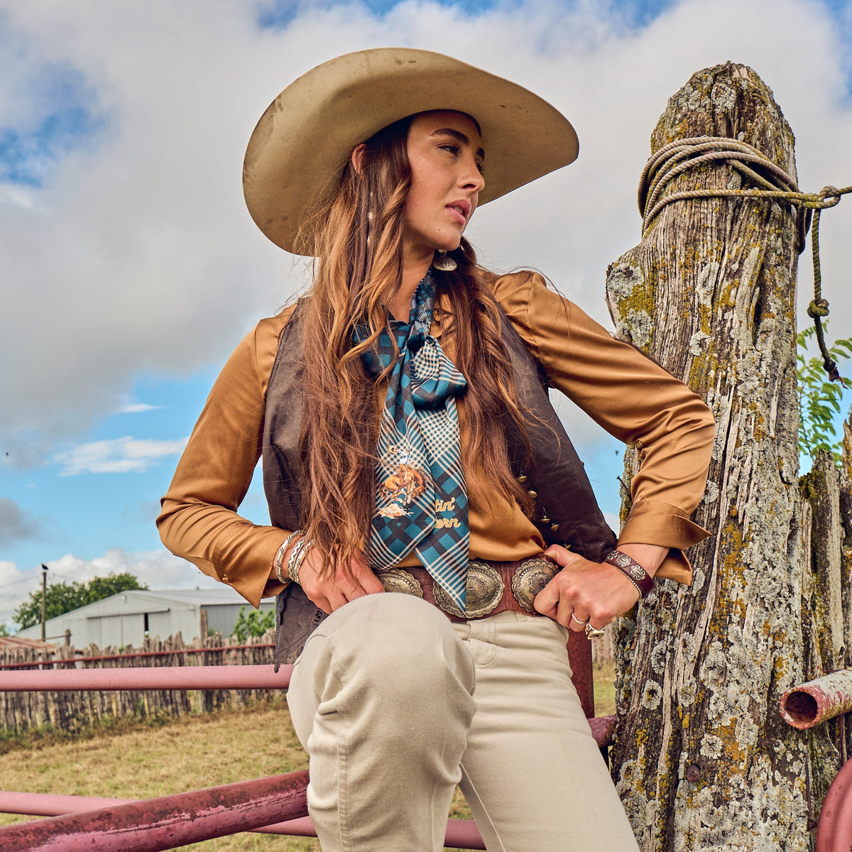 Fringe Scarves Boli Gettin Western Navy Plaid tied as an oversized bow at the collar western fashion