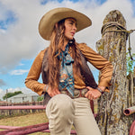 Fringe Scarves Boli Gettin Western Navy Plaid tied as an oversized bow at the collar western fashion