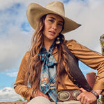 Fringe Scarves Boli Gettin Western Navy Plaid wrapped around a cowboy hat as a hatband Park City