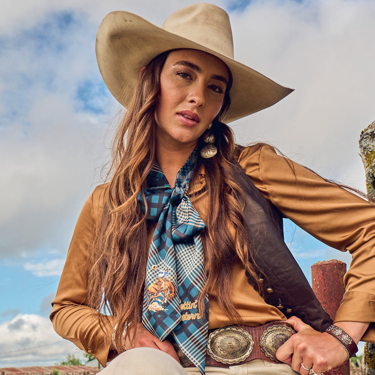 Fringe Scarves Boli Gettin Western Navy Plaid wrapped around a cowboy hat as a hatband Park City