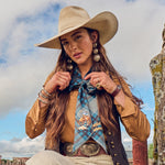 Fringe Scarves Boli Gettin Western Navy Plaid worn as a long necktie with a button down shirt cowgirl