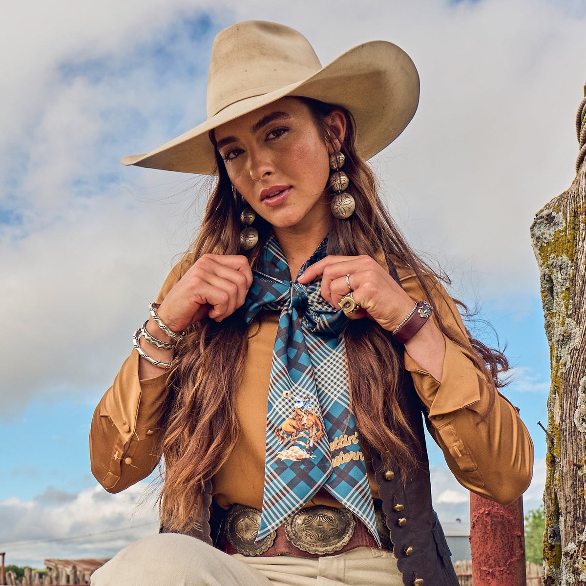 Fringe Scarves Boli Gettin Western Navy Plaid worn as a long necktie with a button down shirt cowgirl