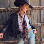 Fringe Scarves Boli Preppy Saddle Black Brown long skinny scarf in lightweight poly chiffon western clothing