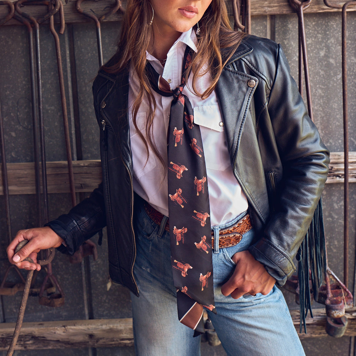 Fringe Scarves Boli Preppy Saddle Black Brown black ground with brown stripes and saddle print womens western boutique Utah SKU BOLIPRSDBKBR26104