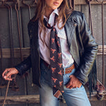 Fringe Scarves Boli Preppy Saddle Black Brown black ground with brown stripes and saddle print womens western boutique Utah SKU BOLIPRSDBKBR26104