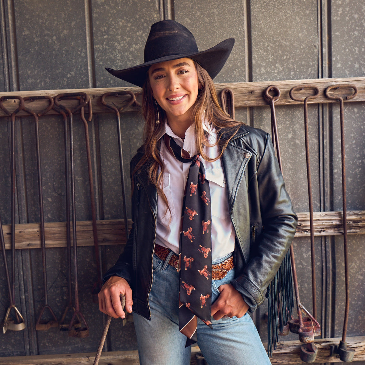 Fringe Scarves Boli Preppy Saddle Black Brown tied as an oversized bow at the collar western fashion