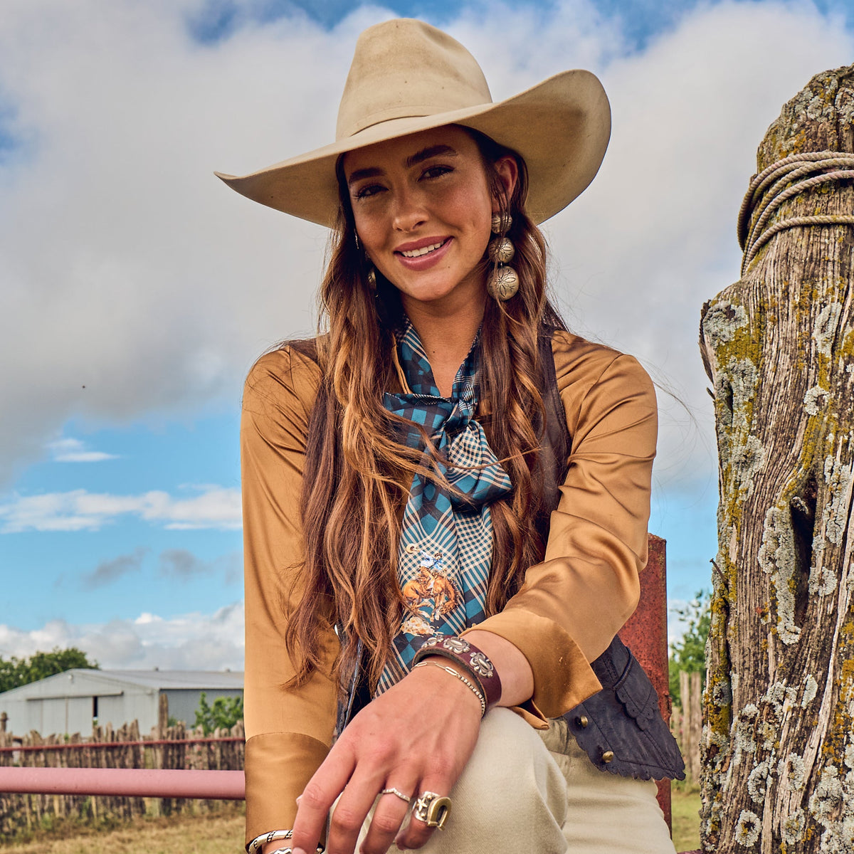 Fringe Scarves Boli Gettin Western Navy Plaid tied in the hair as a hair accessory western clothing Utah