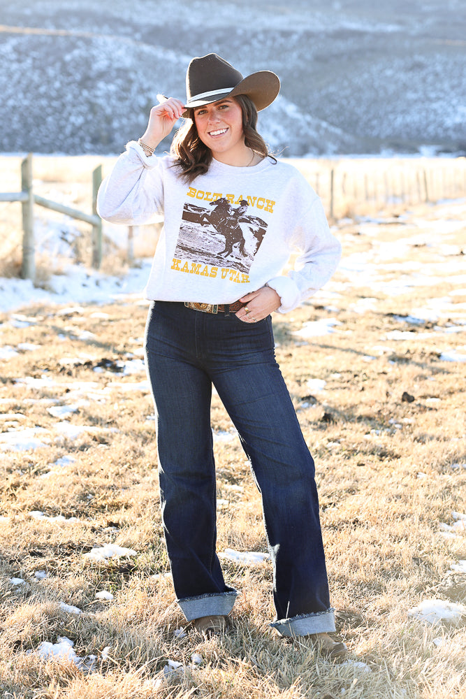 Bolt Ranch Rodeo Crewneck winter 2026 new Bolt Ranch Merch gear long sleeve womens mens light gray New arrival free shipping rodeo cowboy graphic brown yellow