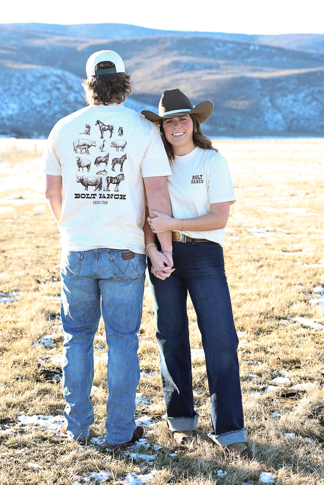 Bolt Ranch Adult The Farm Tee Shirt mens womens Boltranchstore.com merch gear farm animals cream horse cow pig goat highland free shipping popular gift