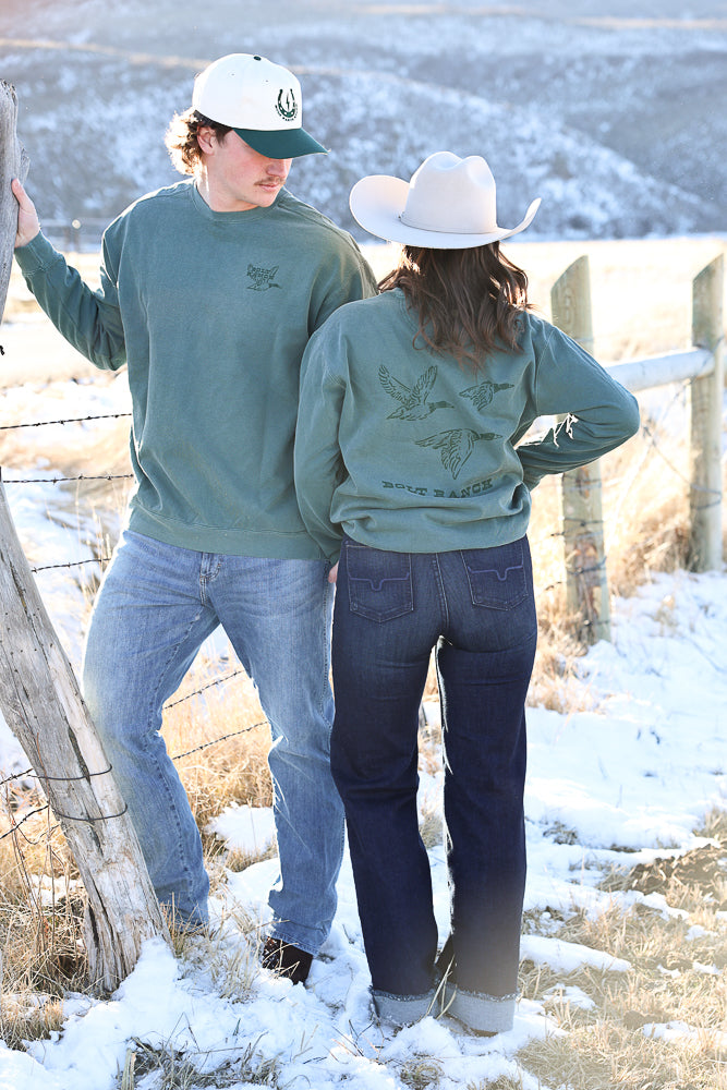 Bolt Ranch Flyin South Crewneck green ducks Bolt Ranch Merch gear mens womens unisex long sleeve crew crewneck sweatshirt popular viral new Merch free shipping Boltranchstore.com