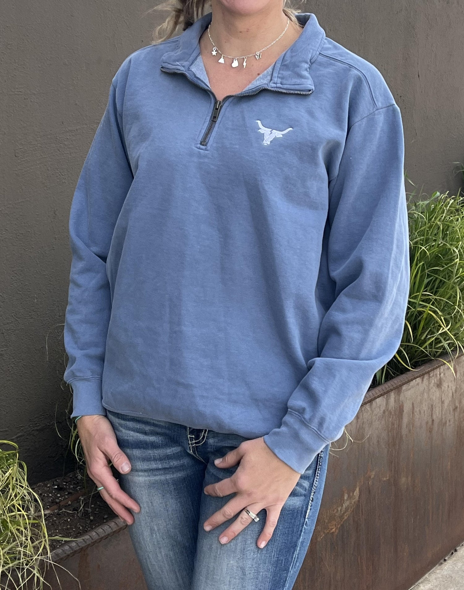 bolt ranch quarter zip crewneck with bolt logo blue jean color mens womens unisex zipper shirt long sleeve boltranchstore.com