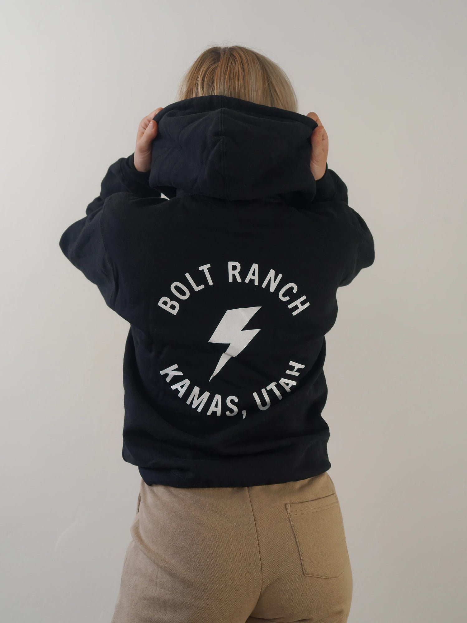 Bolt Ranch Adult Hoodie unisex Pitch Black sweatshirt logo gear with lightning bolt and Bolt Ranch Store Kamas Utah logo free shipping