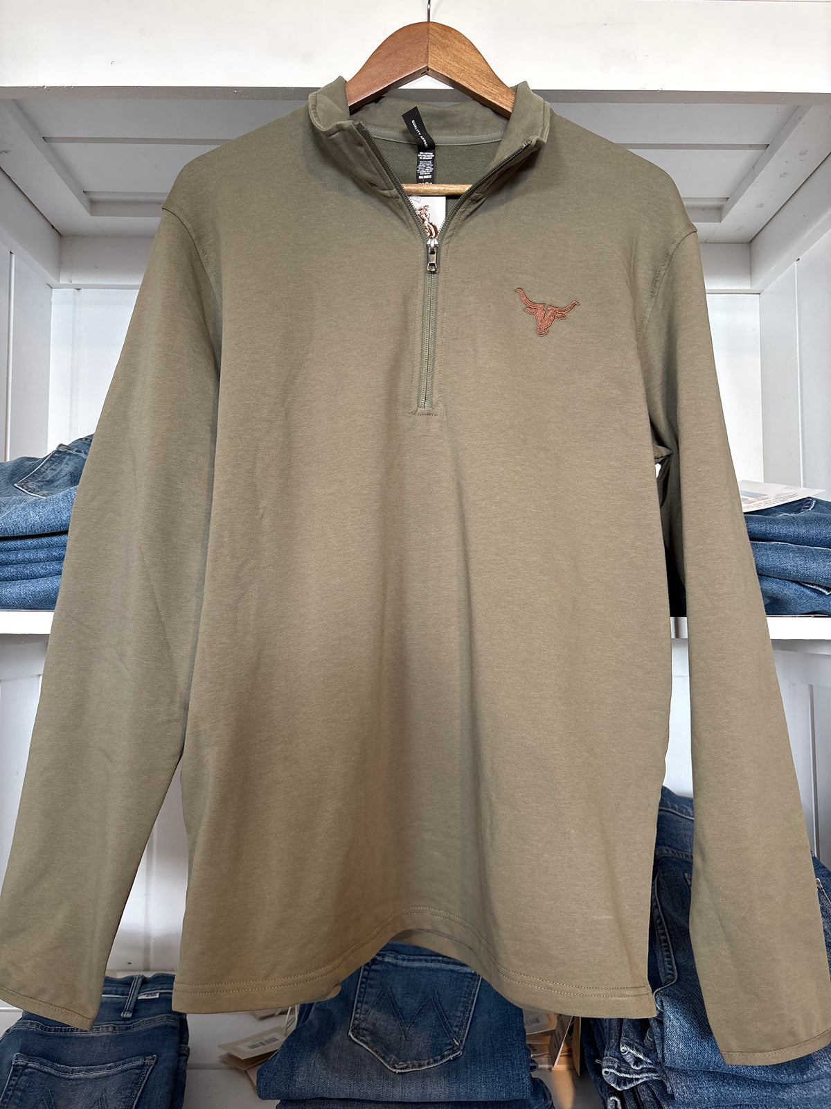 A men's long-sleeve quarter-zip pullover in a muted khaki or olive-tan color Bolt Ranch Branded Perform Qtr Zip fall 