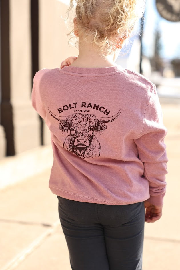 Bolt Ranch Kids Highland Crewneck highland cow logo for kids sweatshirt pink