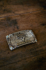 Bolt Ranch Lightning Bolt Buckle mens or womens box buckle with small turquoise flower detail and scroll design. Limited edition at Bolt Ranch Store.
