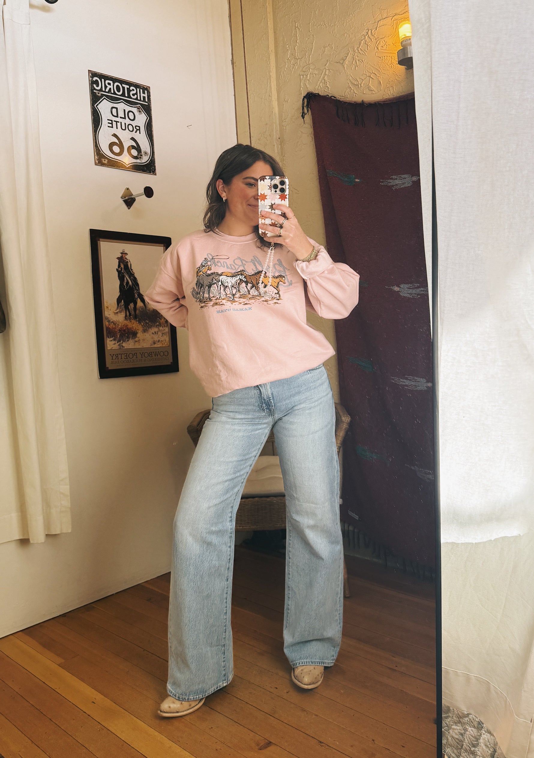 Bolt Ranch Pink Stampede Crewneck in a soft blush at boltranchstore.com