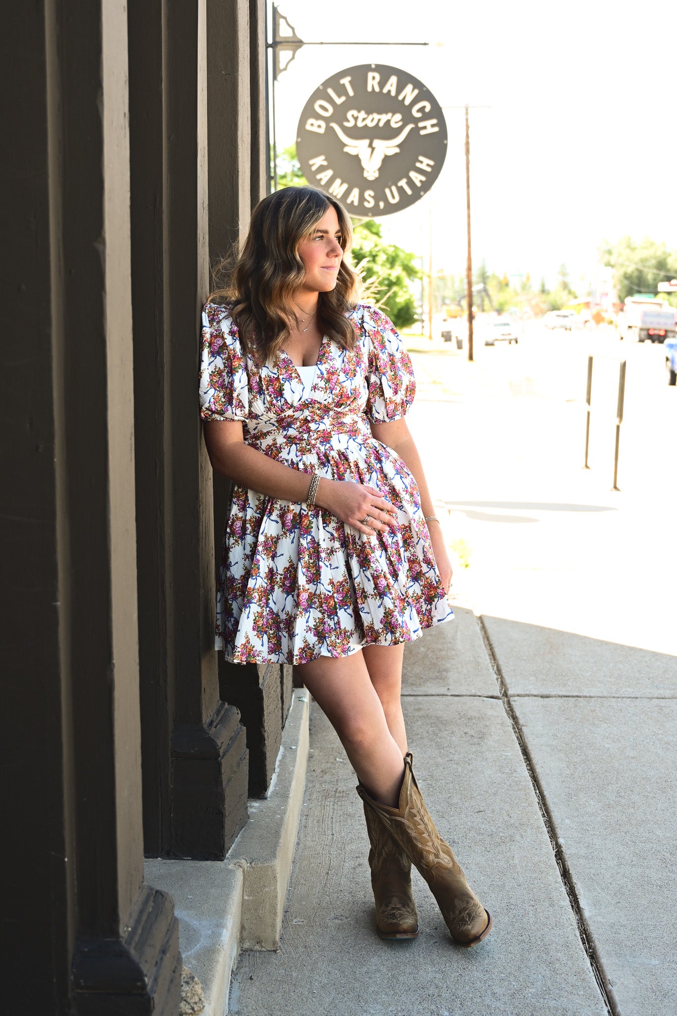 Floral & Bow Printed Puff Sleeve Dress