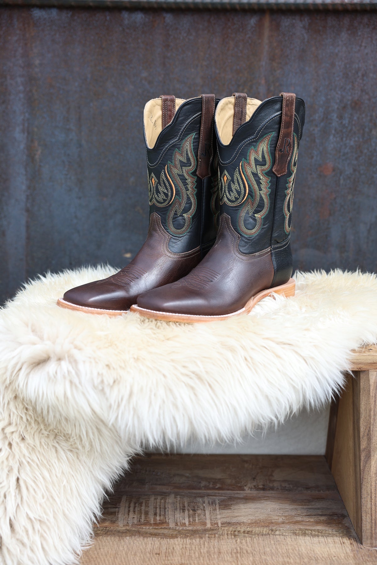 R Watson Mens Toscama Miel Goat Square Toe Boot in a brown and black with stitching available at Bolt Ranch Store