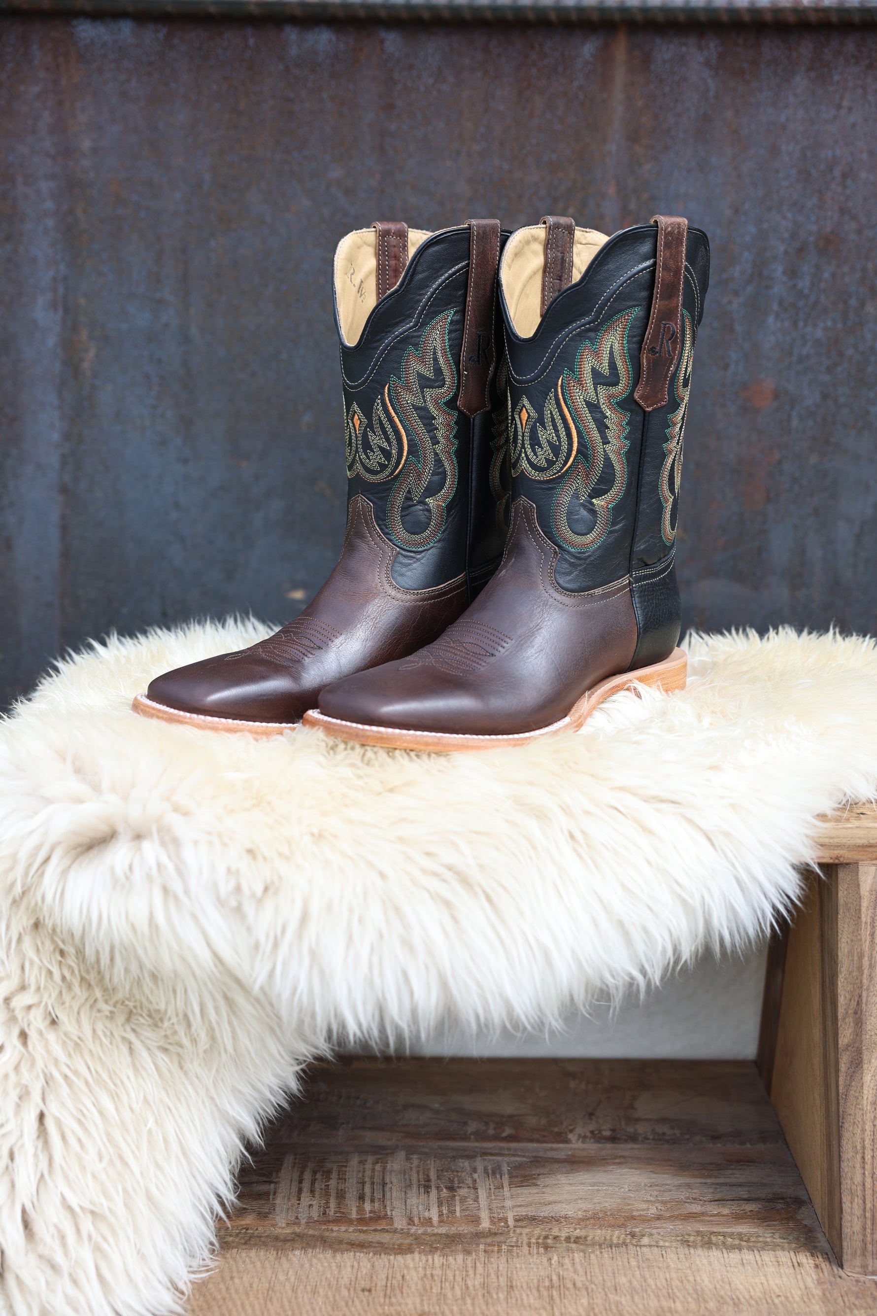 R Watson Mens Toscama Miel Goat Square Toe Boot in a brown and black with stitching available at Bolt Ranch Store