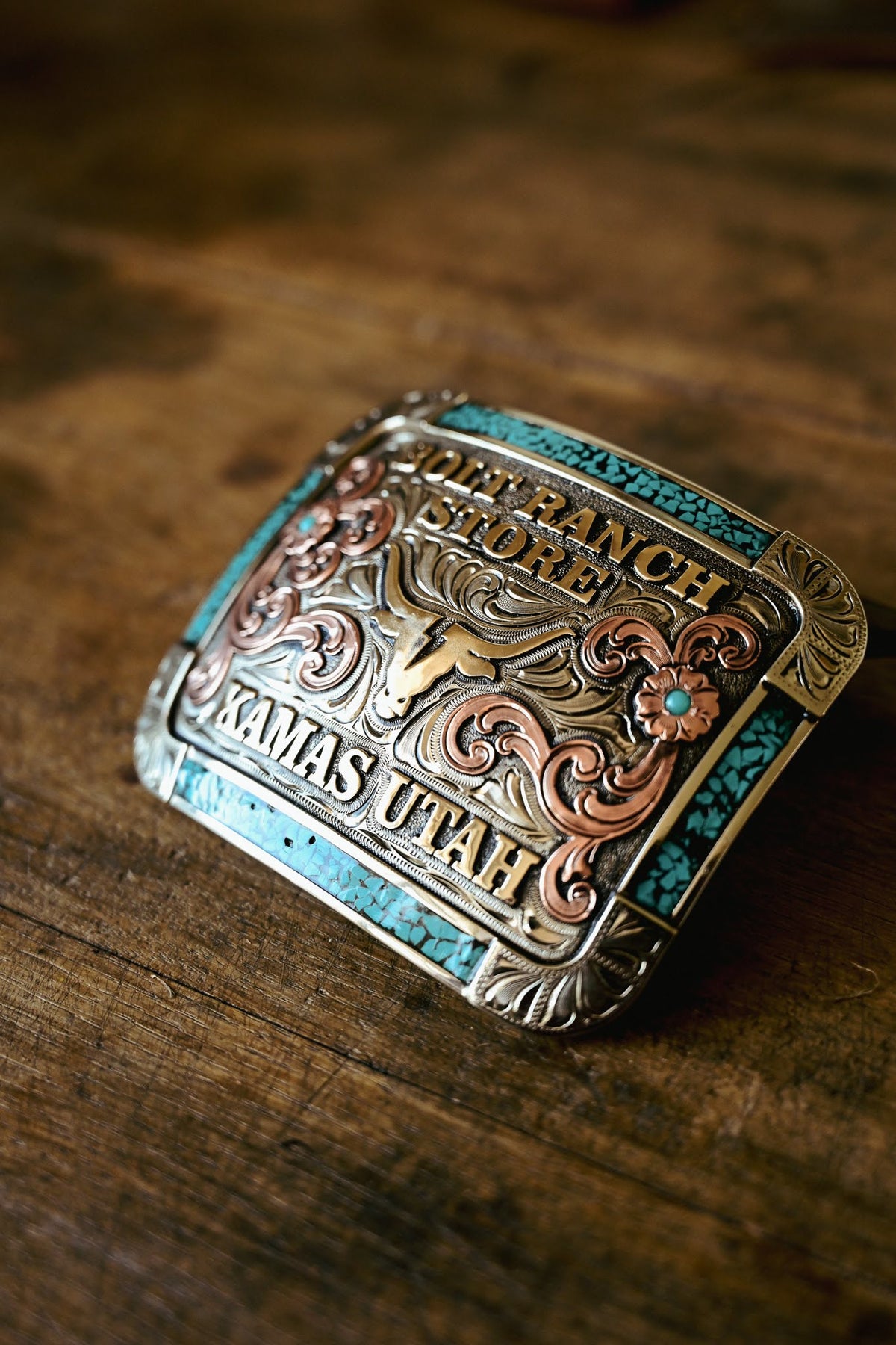 Bolt Ranch Turquoise Arena Buckle a custom made larger cowboy belt buckle