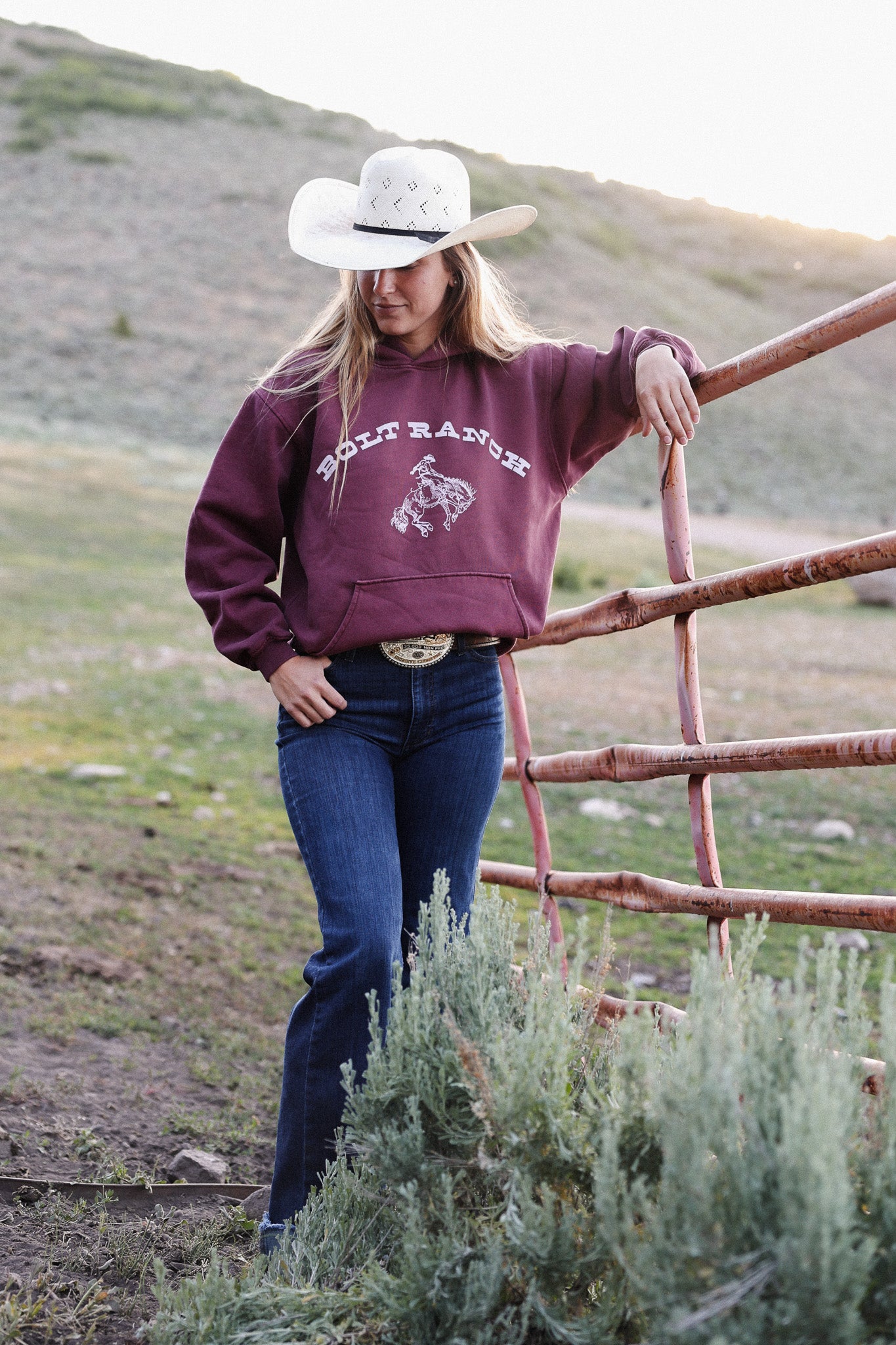 Bolt Ranch Varsity Collegiate Hoodie womens red maroon cowgirl style summer sweatshirt rodeo Boltranchstore.com Free Shipping Oakley Rodeo merch