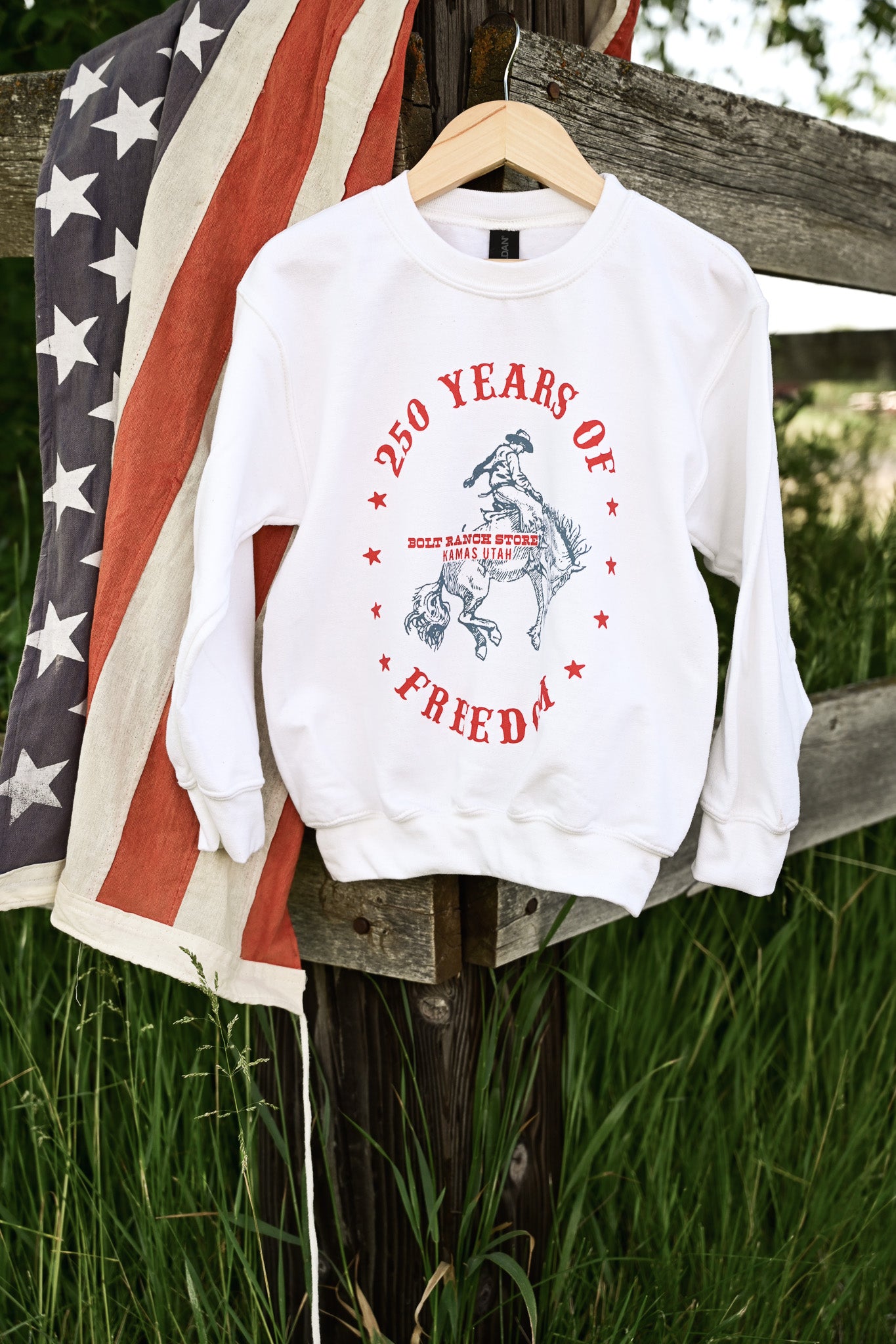 Bolt Ranch Youth 250 Freedom Crewneck kids toddler youth july america rodeo western cowboy 4th of July sweatshirt Boltranchstore.com Free Shipping
