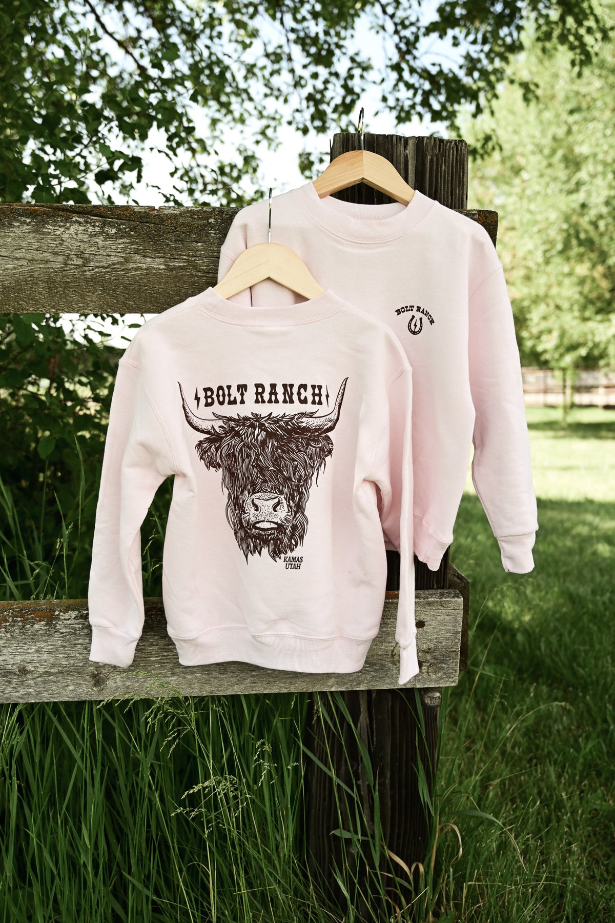 Bolt Ranch Youth Highland Cow Crewneck pink girls toddler sweatshirt Boltranchstore.com Free Shipping cow farm animals rodeo western fashion