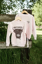 Bolt Ranch Youth Highland Cow Crewneck pink girls toddler sweatshirt Boltranchstore.com Free Shipping cow farm animals rodeo western fashion
