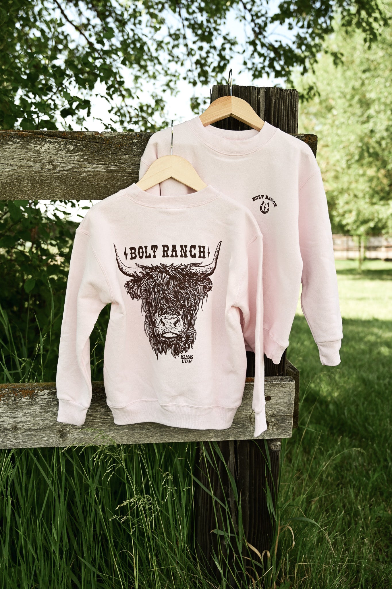 Bolt Ranch Youth Highland Cow Crewneck pink girls toddler sweatshirt Boltranchstore.com Free Shipping cow farm animals rodeo western fashion