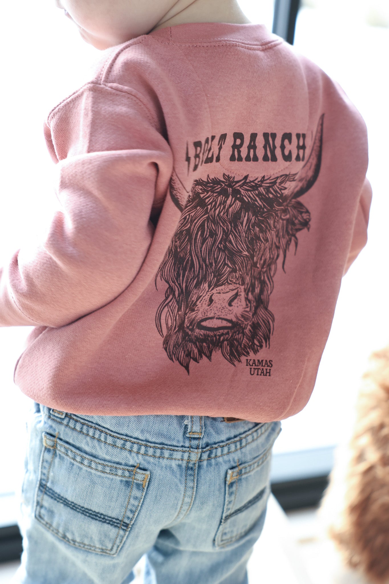 Bolt Ranch Youth Rosie Crewneck highland cow pink kids baby toddler bolt ranch merch free shipping Boltranchstore.com 