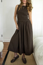 Boone Boat Neck Smocked Dress womens western smocked poplin brown midi dress Boltranchstore.com Free Shipping boutique western style fashion