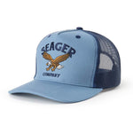 Seager Bradley Trucker Hat in Faded Denim a snapback hat with a light blue front and the Seager eagle logo at boltranchstore.com