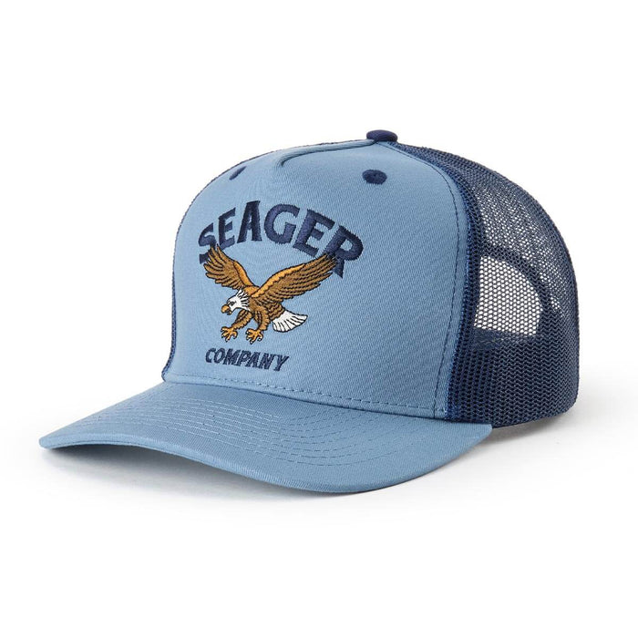 Seager Bradley Trucker Hat in Faded Denim a snapback hat with a light blue front and the Seager eagle logo at boltranchstore.com