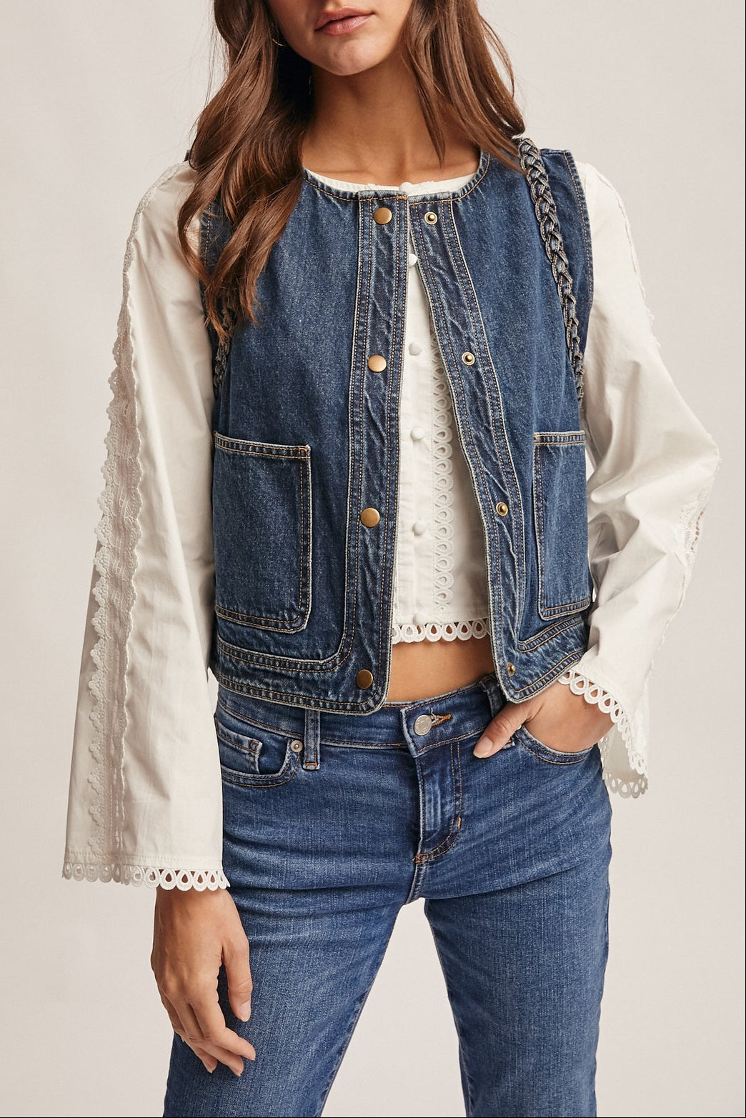 Braided Womens Denim Vest buy at boltranchstore.com womens denim top sleeveless layering doen dupe snap cute western fashion Free Shipping