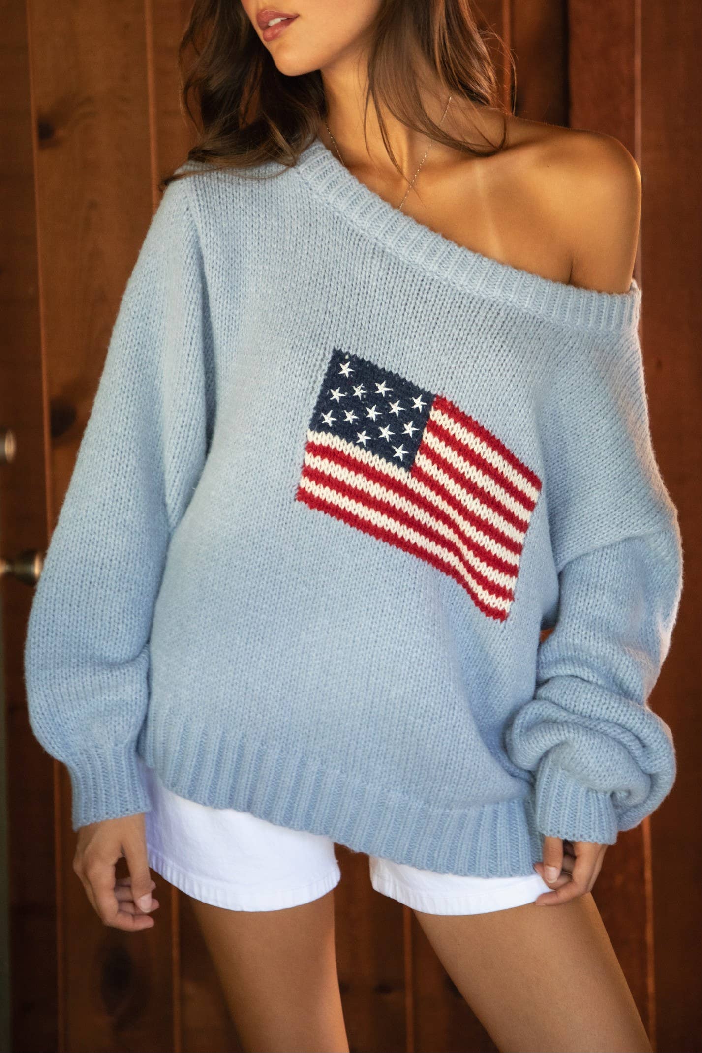 Brandi Americana Sweater TicToc womens western american flag sweater chunky oversized off shoulder summer sweater Boltranchstore.com Doen Brandi Melville