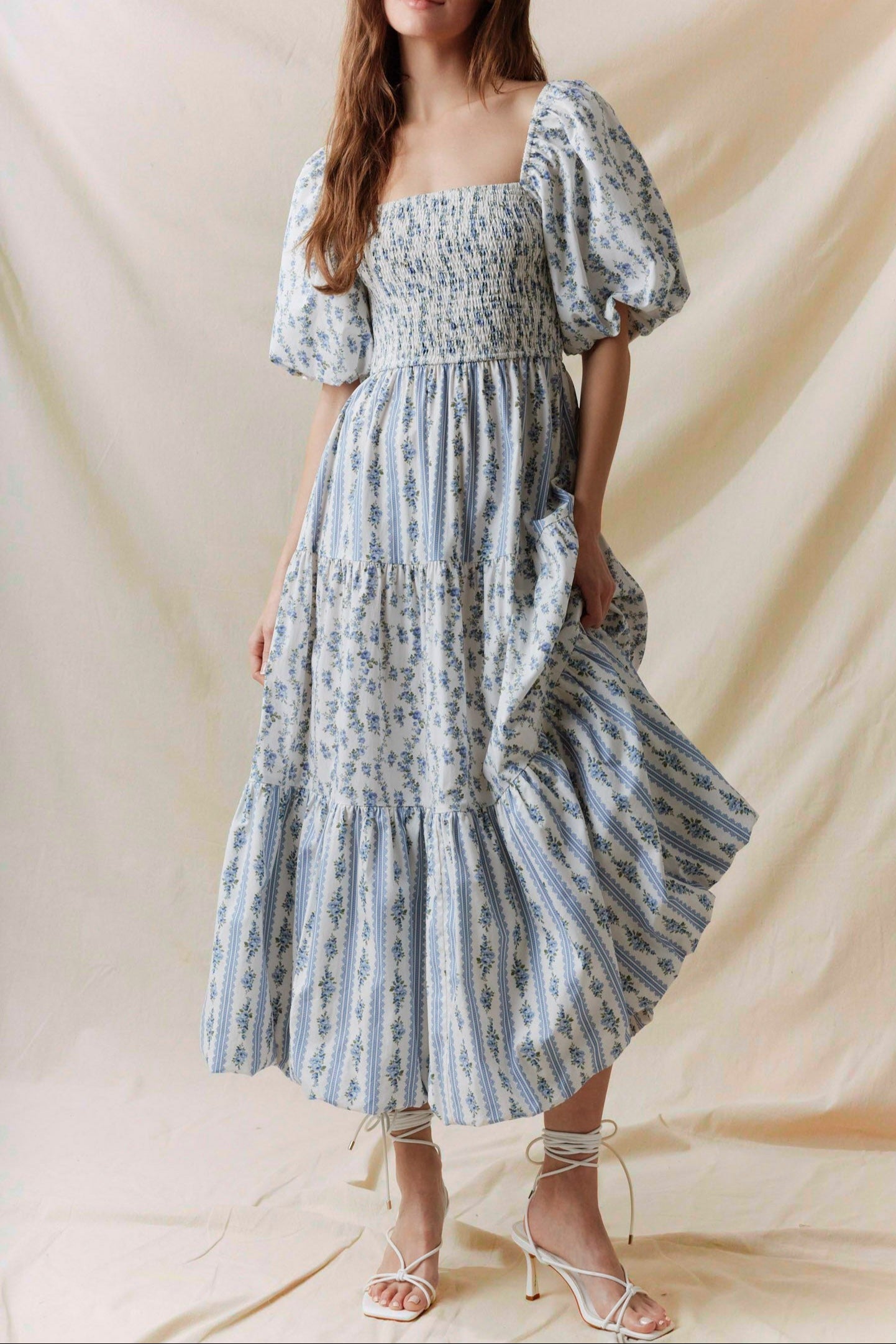 Brandy Bubble Hem Floral Dress womens dress blue floral summer casual everyday maxi dress free shipping Boltranchstore.com