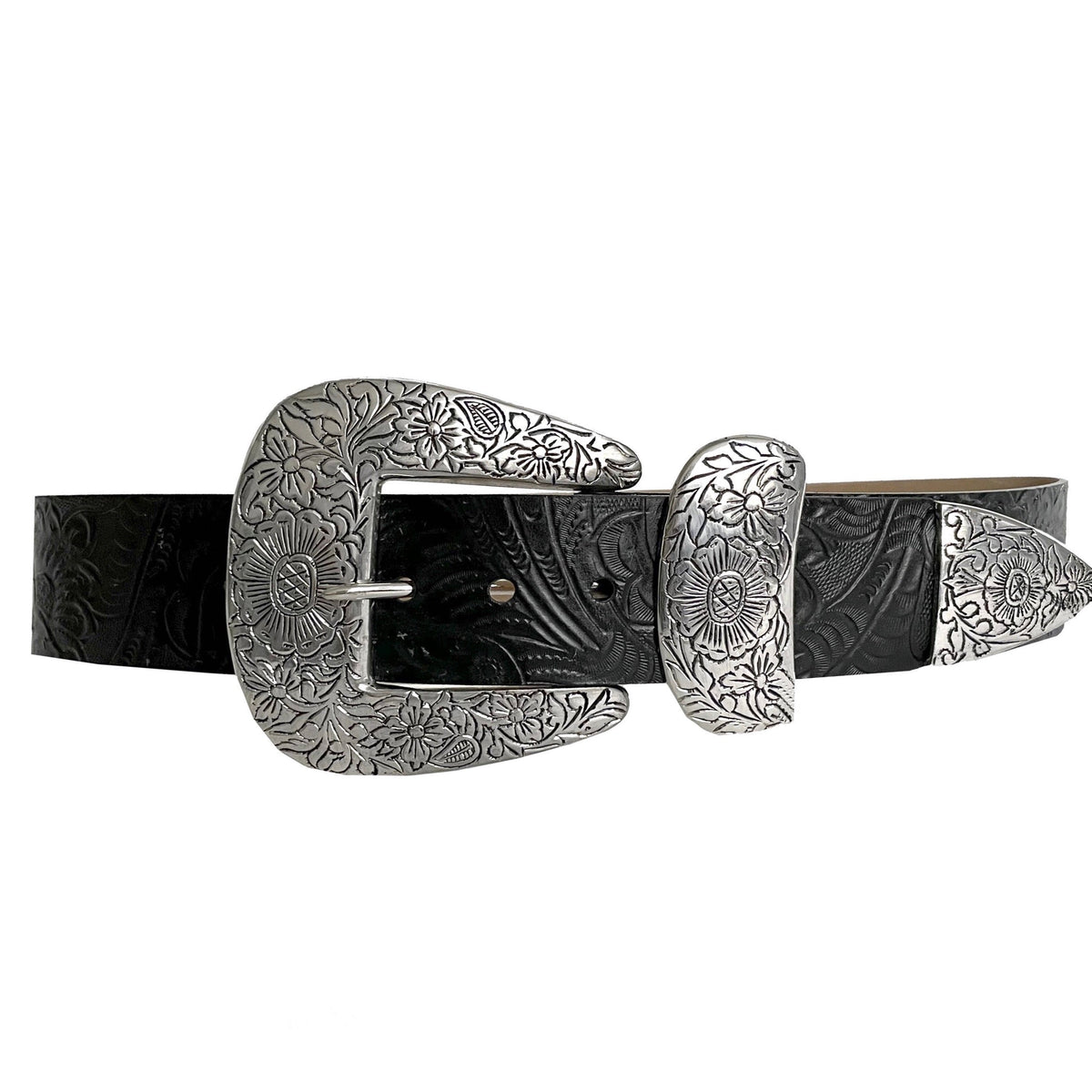 Braun Belt black or tan suede tooled belt with silver floral buckle western fashion clothing Boltranchstore.com Free Shipping