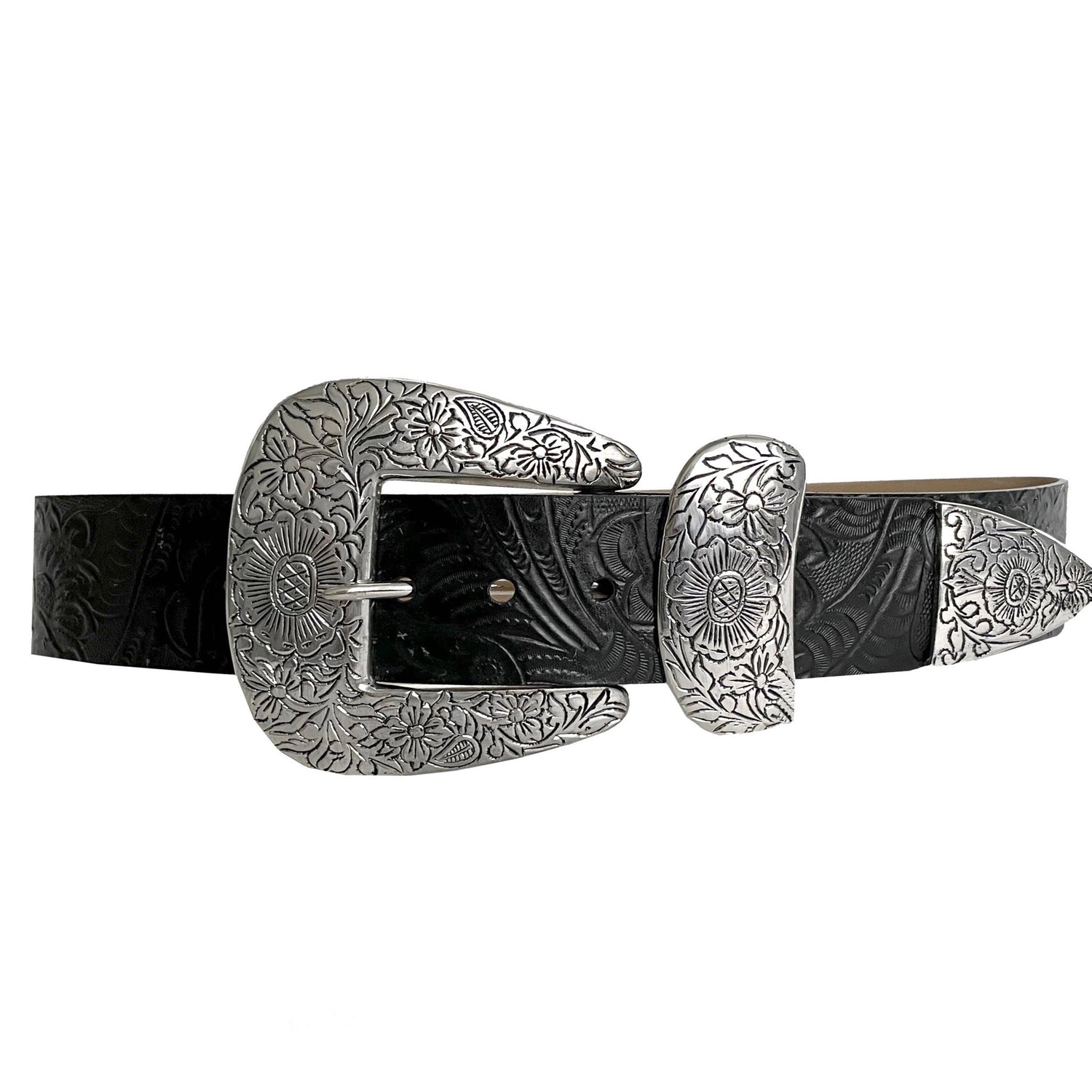Braun Belt black or tan suede tooled belt with silver floral buckle western fashion clothing Boltranchstore.com Free Shipping