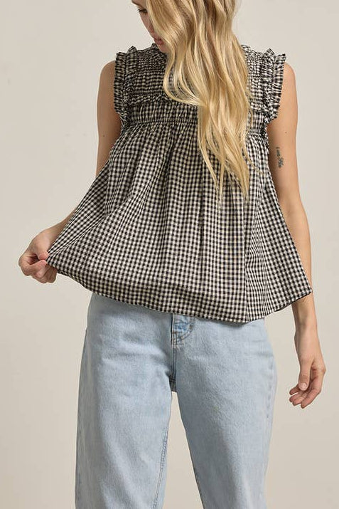 Brianne Gingham Ruffle Blouse womens sleeveless summer gingham top Boltranchstore.com Free Shipping popular cute doen dupe lookalike