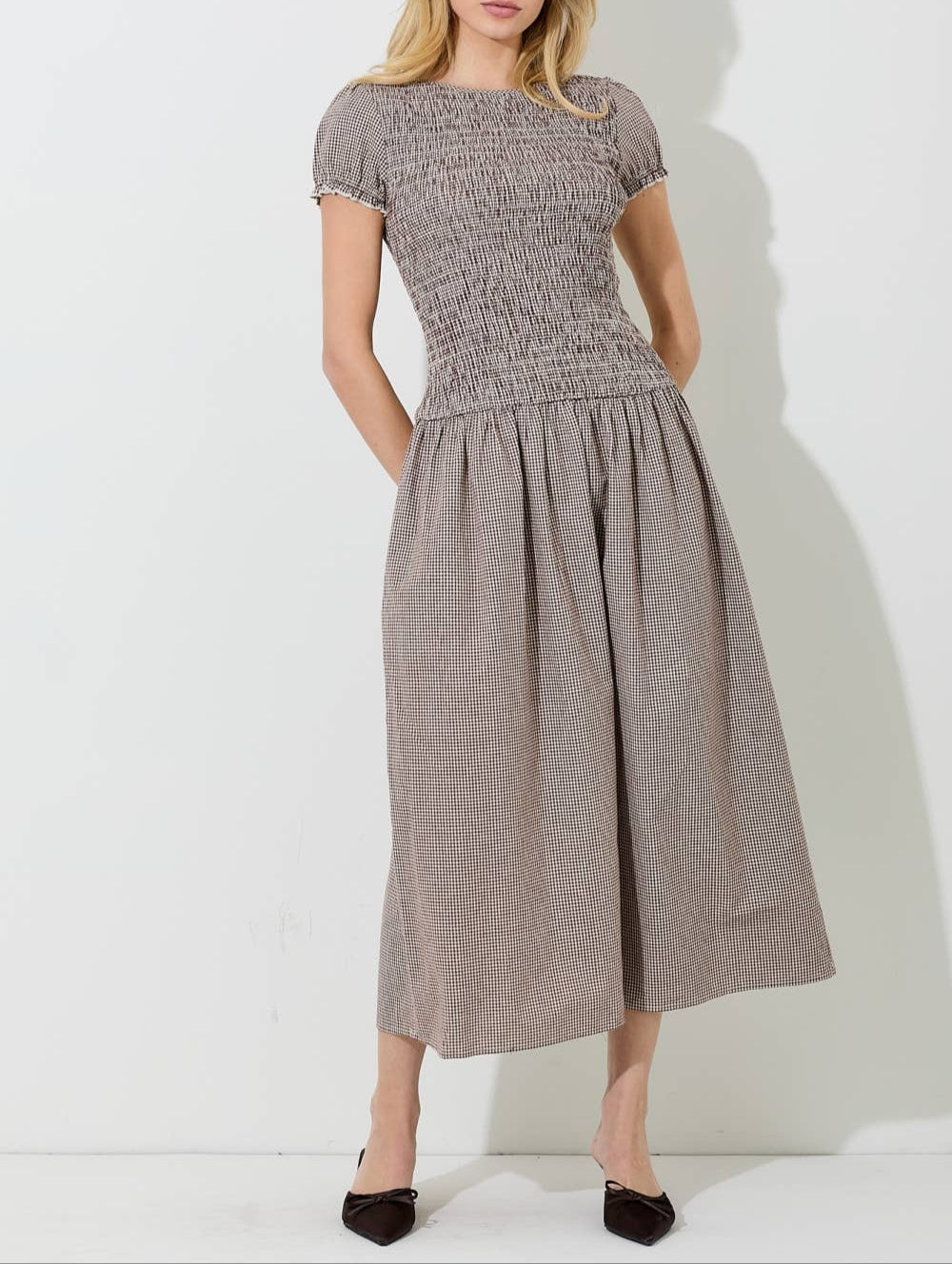 Bridgette Gingham Smocked Midi Dress Buy at Boltranchstore.com