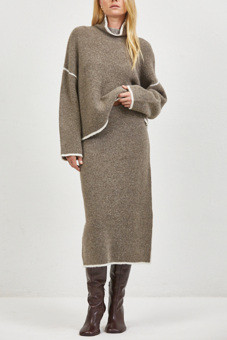 Brienne Sweater by A Ren womens chunky turtleneck slub sweater in a mocha brown with cream trim sold at Bolt Ranch Store locally near me Kamas Utah