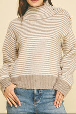 Brin Striped Mock Neck Sweater a beige and white horizontally striped knit turtleneck sweater with button shoulder details in stock at bolt ranch store in kamas utah