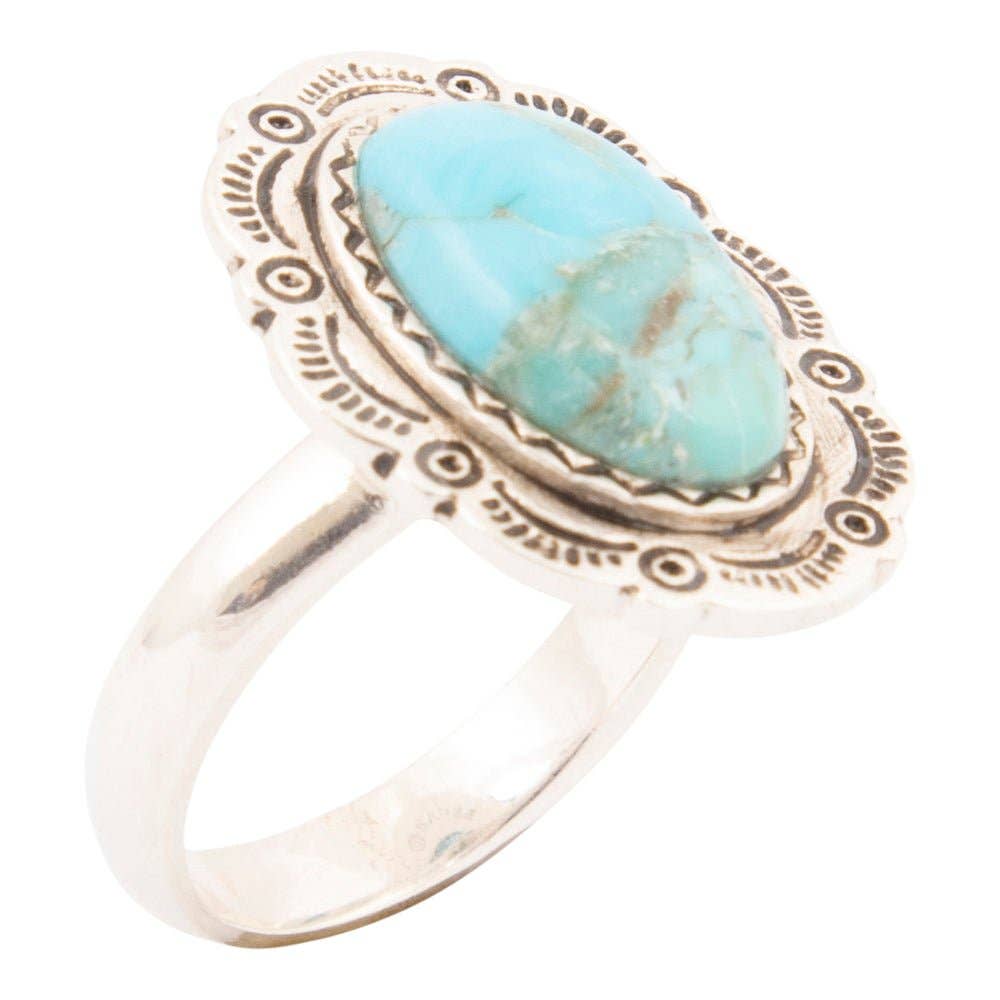 Silver ring with a turquoise stone Bronco Blue Turquoise Silver Concho Ring at boltranchstore.com free shipping 