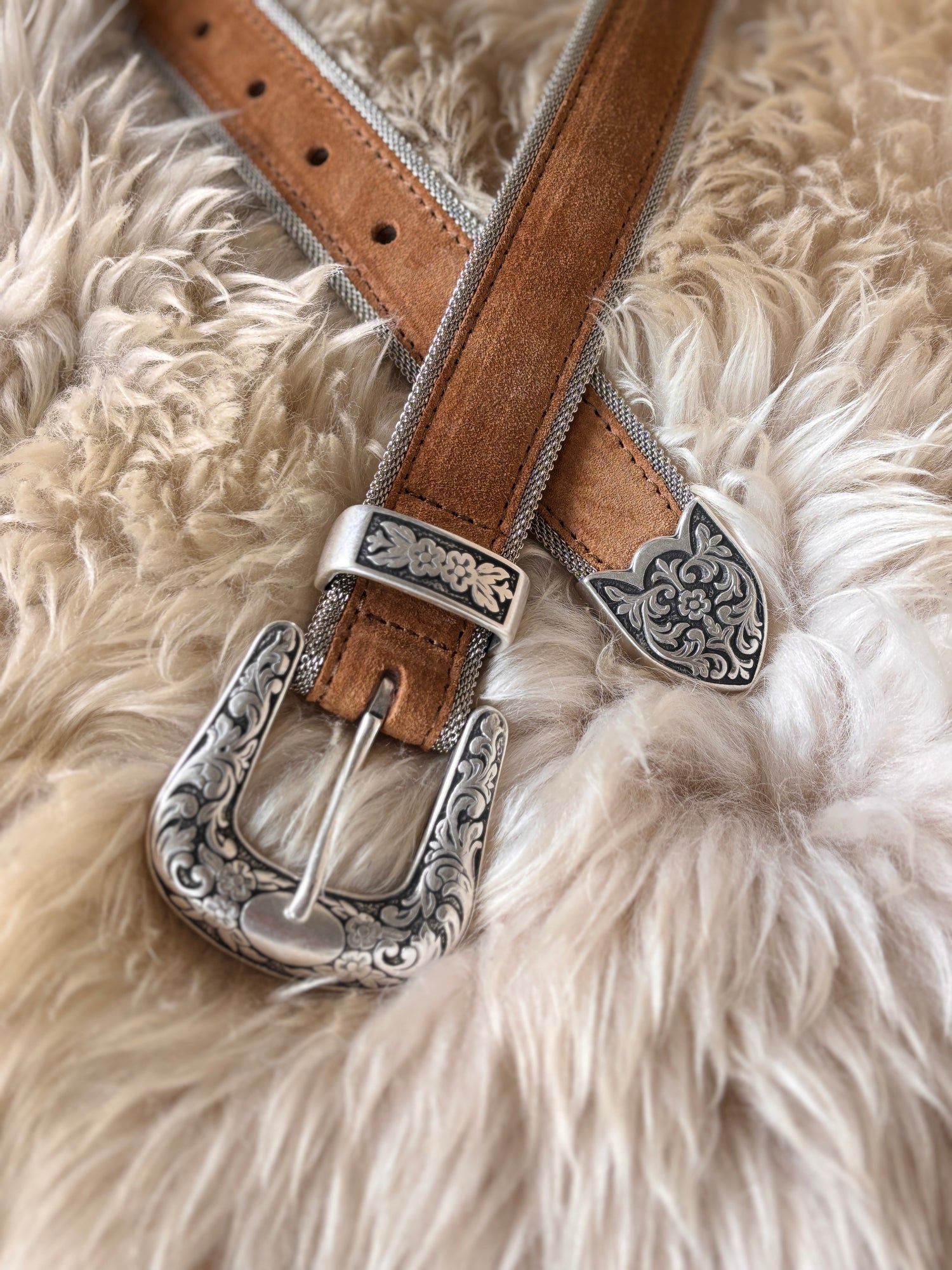 Brunello Cucinelli knockoff look alike womens western fashion belt sterling silver floral buckle tan bone cream roughout belt Boltranchstore.com