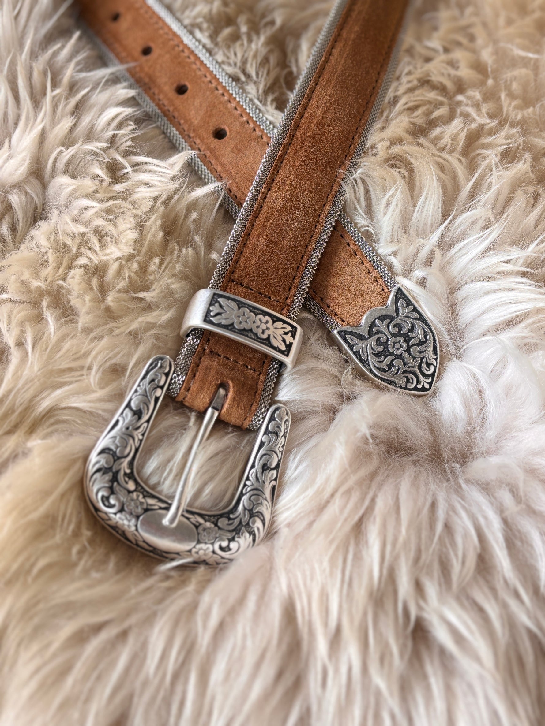 Brunello Cucinelli knockoff look alike womens western fashion belt sterling silver floral buckle tan bone cream roughout belt Boltranchstore.com