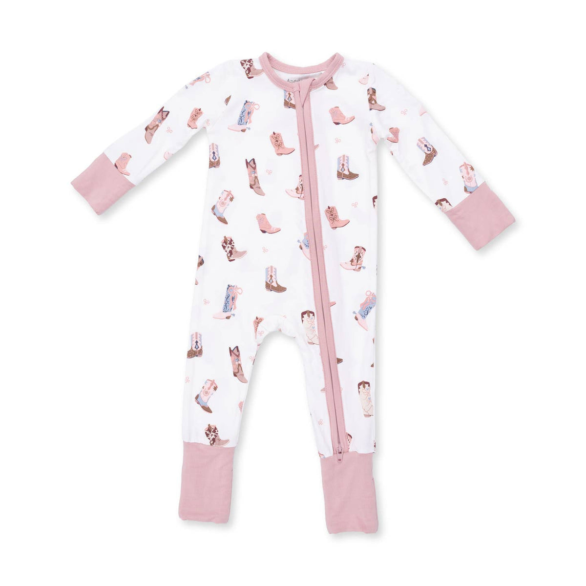 Baby onesie with animal print and pink accents on a white background Buckarette Boots Convertible Romper shop today at boltranchtore.com