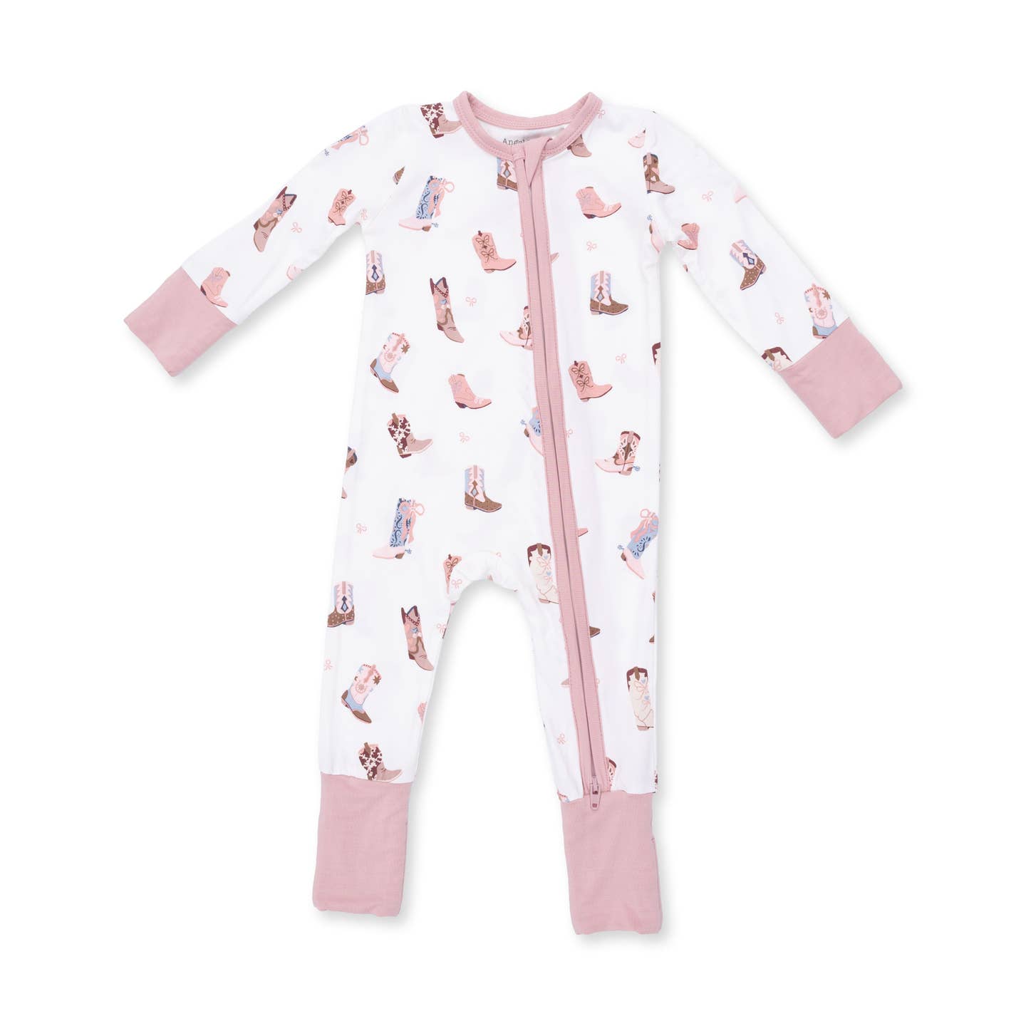 Baby onesie with animal print and pink accents on a white background Buckarette Boots Convertible Romper shop today at boltranchtore.com